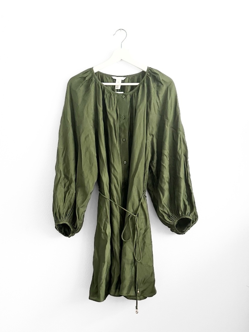 NWT H&M Pretty Women's Dress Bishop Long Sleeves Knee Length Olive Green Large